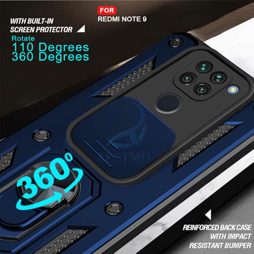 Image of AESTMO Tough Armor Redmi Note 9 Bumper Back Case Cover | Ring Holder & Sliding Camera Shield Cover | 360 Degree Protection Back Case Cover for Redmi Note 9 (Blue)