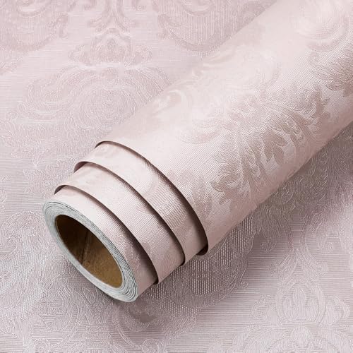 LACHEERY Rosa Carta da Parati Adesiva Muro Floreale Testurizzata 40cm x 700cm Carta da Parati Rosa Chiaro Impermeabile Pellicola Adesiva per Mobili Floreale Vintage Barocca per Camera da Letto Bagno