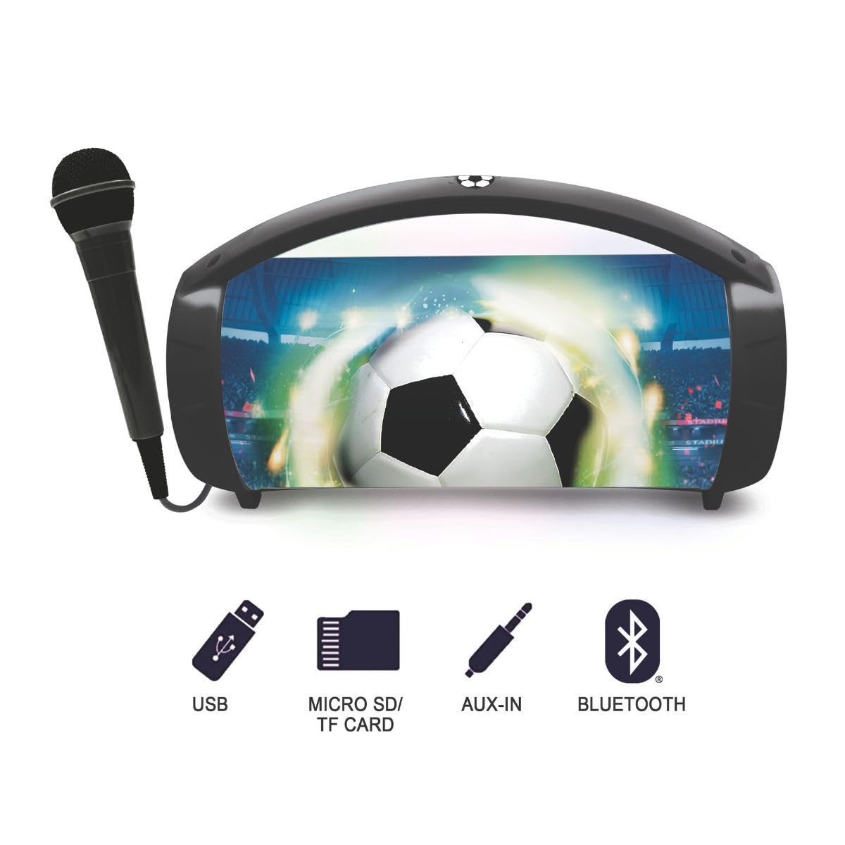 Lexibook, Altoparlante Bluetooth Calcio con Microfono, Altoparlante Bluetooth Portatile, Microfono Cablato Incluso, Altoparlante Ricaricabile per Bambini 6+, Bianco e Nero, BTP585FOZLXB