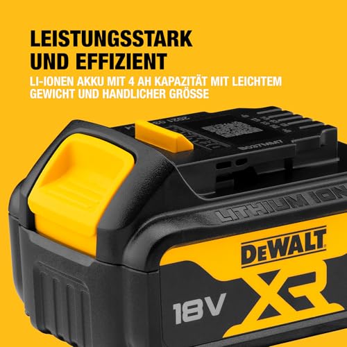 DEWALT 18 Volt Li-Ion Akku (4 Ah, Schiebe-Akku, kompatibel mit Allen Dewalt 18 Volt XR Maschinen, LED-Kapazitätsanzeige), DCB182-XJ