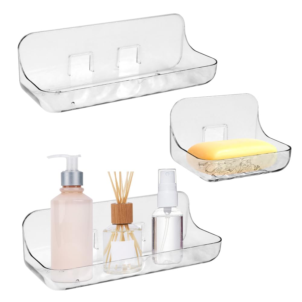 EUIEUT 3 Estantes Flotantes Baño, Estanteria Ducha sin Taladro de Plástico 2 Tamaños, Estante Baño sin Taladro Transparente, Estantes Flotantes Adhesivos para Salon, Cocina, Habitación, Baño, Oficina