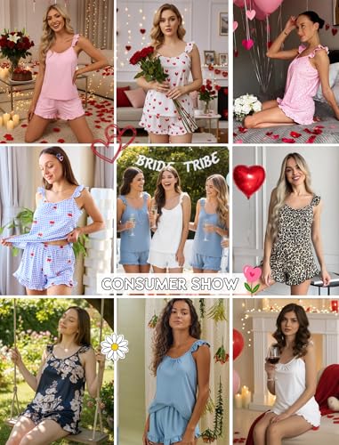 Image of Ekouaer Pajama for Women Set 2 Piece Ruffle Cami Top and Shorts Pjs | Soft Sleepwear, Lightweight Sexy Sleep Pj for Lounging, Date Nights, Honeymoon, Bridal Preparation, Holidays, or Wedding Day
