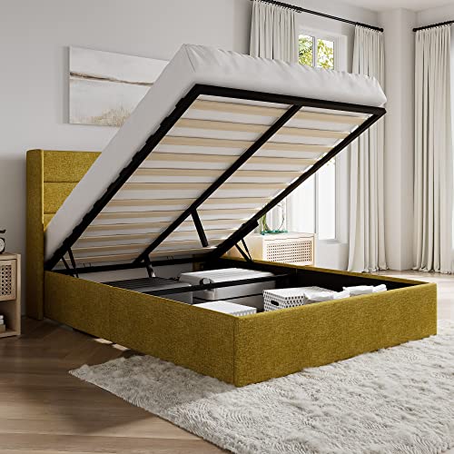 SHA CERLIN Full Size Lift Up Storage Bed/Modern Wingback Headboard/Upholstered Platform Bed Frame/Hydraulic Storage/No Box Spring Needed/Wood Slats Support/Olive Yellow