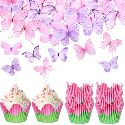 Vesici 200 Counts Floral Cupcake Set Include100 Counts Pink Petal Tulip Cupcake Liners 100 Butterflies Cake Toppers Flower Wrappers for Cake Spring Wedding Bridal Birthday Party Supplies