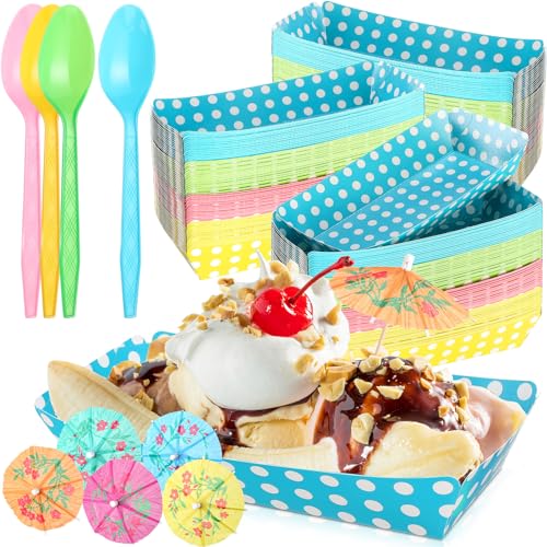 FoldTier 60 Set Colorful Food Trays Boat Paper Disposable Banana Split Boats with Umbrellas 8 oz Bowls for Birthday Summer Party Supplies Dessert (Polka Dot Style Colorful)