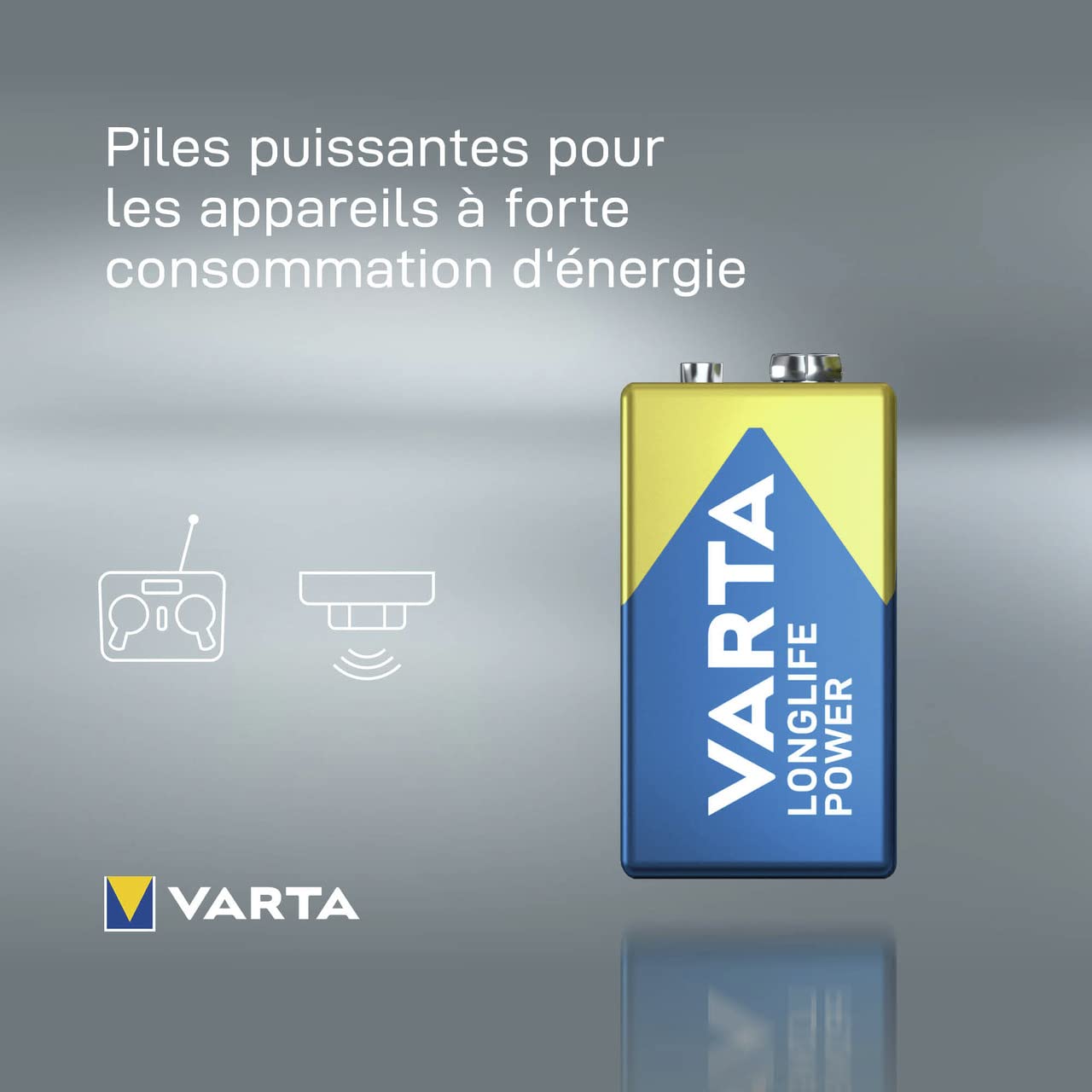 VARTA Piles Pile Bloc 9V, lot de 1, Longlife Power, Alcaline, pour détecteurs d'incendie, détecteurs de fumée, microphones