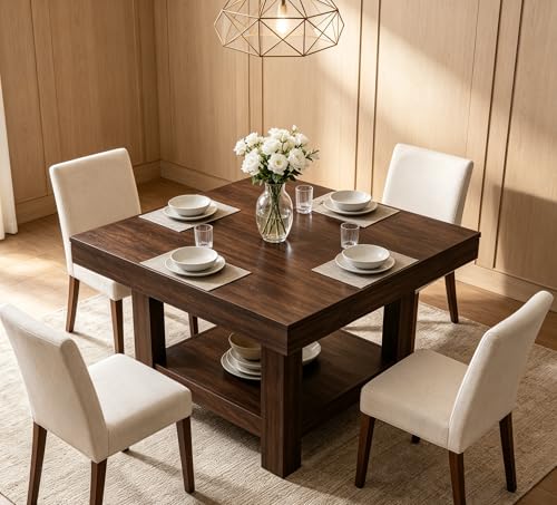 Image of Garvee Square Dining Table for 4-6, 47.2 inch Kitchen Table with 2-Tier Storage Shelf, Modern Black Walnut Waterproof Dining Room Table, Heavy Duty 350Lbs Capacity with Anti-Wobble Triangle Legs