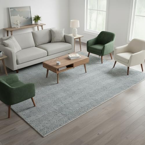 Image of Modern Herringbone Chevron Collection Handcrafted Wool Area Rug - Durable, Zigzag Pattern, for High Traffic, Contemporary Design for Living Room, Bedroom, Dining Room Decor (Deep Teal, 8' x 10')
