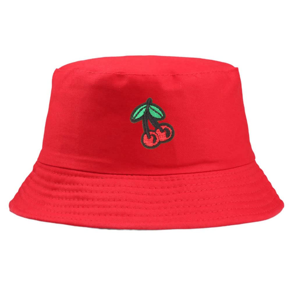 KGM Plain Colour Embroiderd Design Cotton Bucket hat Woman`s Men`s Fashion Outdoor Festival Sun Hats (Cherry Red)