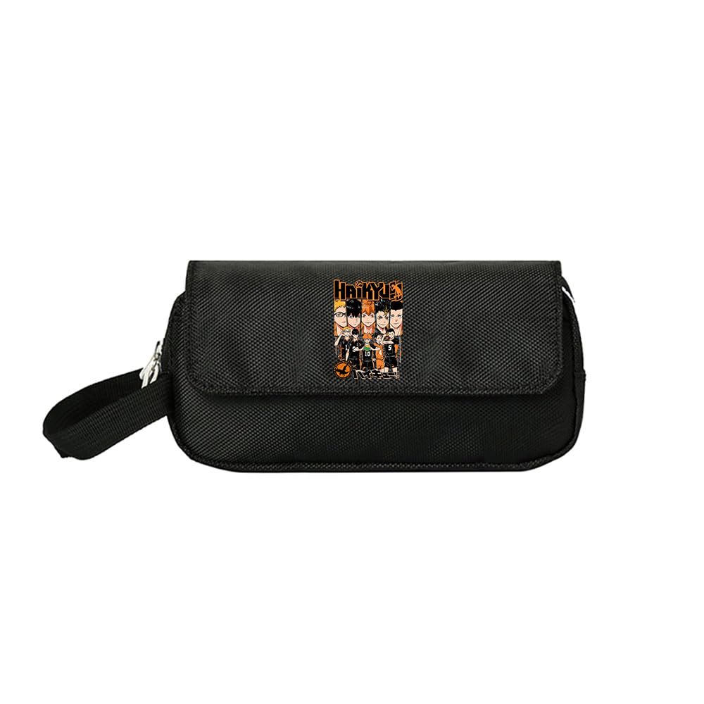 LKY STAR Anime Haikyuu Merch Pencil Case for Boys Girls, Black Canvas Double Layers Pencil Pouch with Character Designs, Multi-Compartment Storage Pouch for Students