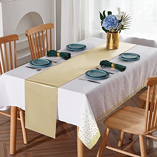 8Pack Disposable Plastic Tablecloths And Satin Table Runner Set White And Gold Dot Tablecloth Gold Satin Table Runner For Wedding Birthday Baby Shower Anniversary Christmas New Year Party Decorations #TOP3