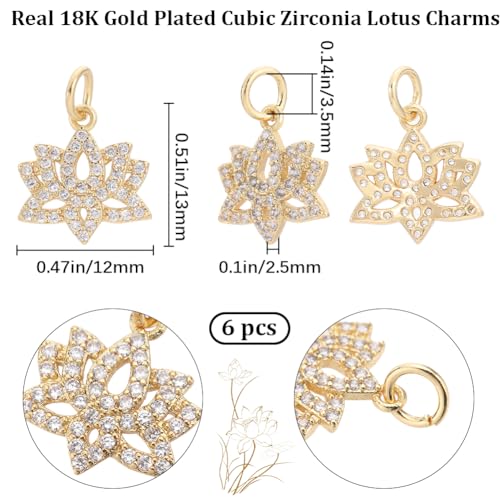 Beebeecraft 1 Box 6Pcs Lotus Flower Charms 18K Gold Plated Brass Cubic Zirconia Flower Yoga Beads Charms Crafts Supplies for DIY Necklace Bracelet Earrings - Image 2