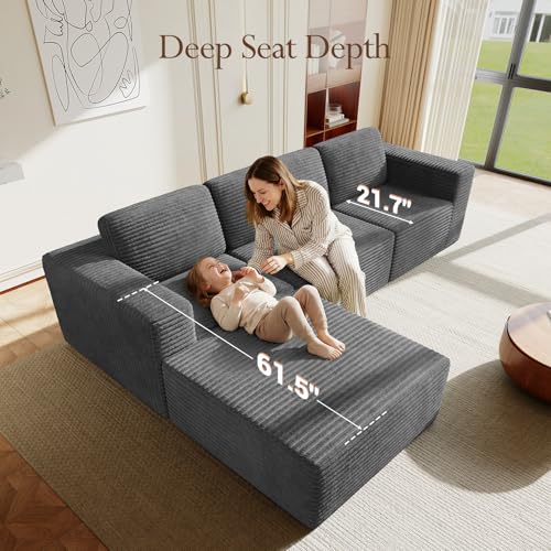 Image of Vesgantti 119 inch L-Shaped Modular Sectional Sofa, Corduroy Cloud Couch with Deep Seating & Spring Support, Flexible Layout Sofa with Ottoman, Boneless Style, No Assembly Required, Grey