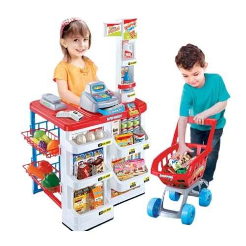 ストアカウンターごっこゲーム、レジごっこゲーム、ストアごっこおもちゃセット、ゲームセット、ショッピングカートスキャナー付き子供用シミュレーションスーパーマーケットおもちゃ、レジ係キッチンおもちゃ、誕生日プレゼント、早期教育ギフトボックス。 (レッド)