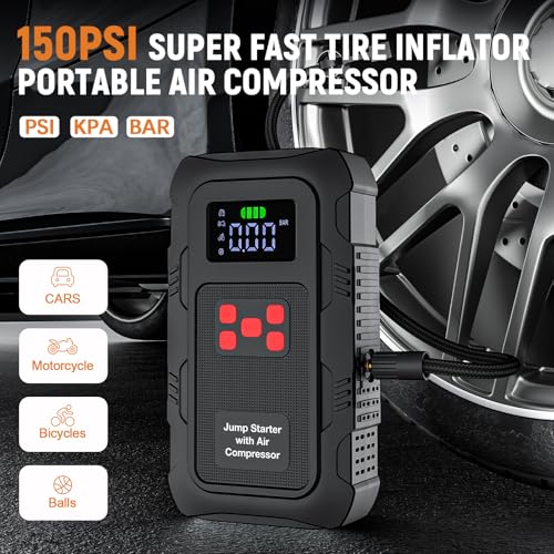 Image of 5000A Jump Starter with Air Compressor,A1 Car Jumper Starter with 150PSI Tire Inflator 12V Jump Box with LCD Display,Flashlight,Storage Case (Up 10L Gas /8L Diesel Engine