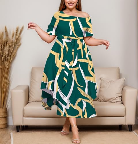 Image of Plus Size Women Wedding Guest Dress Off Shoulder Boat Neck Irregularly Flowy Midi Church Dress