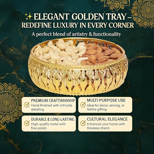 Image of Design Decor Gallery Round German Gold Plated Metal Tray Round Decorative Plate Gift for Decor Diwali Anniversary House Warming Wedding Birthday (Pack of 1) Size: 6x6 Inches, with Gift Box