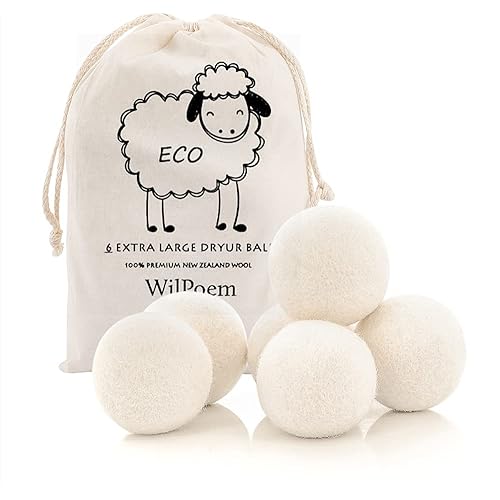WilPoem New Zealand Nature Wool Dryer Balls - Fabric Softener Ball for Sensitive Skin - Helps Prevent Wrinkles and Reduces Static - Reusable 3000 Cycle Rating - (6 XL Pack)