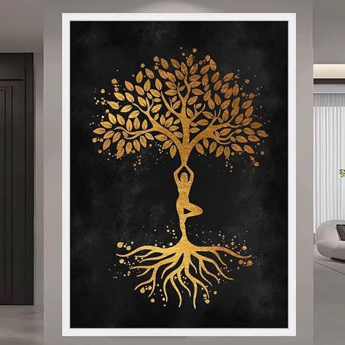 Toile arbre de vie doré yoga pour décorer un salon de méditation zen