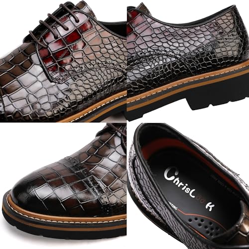 Image of Leather Oxfords Business Formal Brogue Dress Shoes, Two Color Mix /Crocodile Pattern