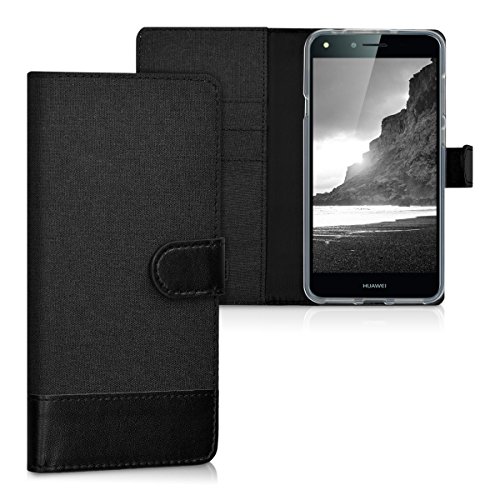 kwmobile Funda Compatible con Huawei Y6 II Compact (2016) - Carcasa de Tela y Cuero sintético Tarjetero Antracita/Negro