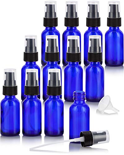 JUVITUS 1 oz Cobalt Blue Glass Boston Round Bottle with Black Treatment Pump (12 pack) + Funnel