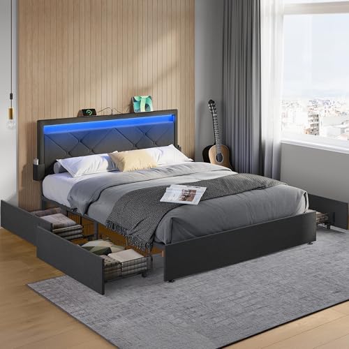 VASAGLE Marco de Cama Matrimonio, Base con Listones, 160 x 200 cm, LED, Metal, 4 Cajones, Estación de Carga, Cabecero Acolchado Ajustable, Gris Pizarra RMB828G02