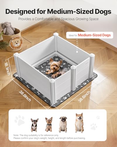 VEVOR Wurfkiste für Hunde, 98x98x46cm, Welpenlaufstall aus Kunststoff-PVC mit höhenverstellbarer Tür & waschbarer PIPI-Unterlage, verformungssicherer Welpenkiste für mittelgroße Hunde, milchweiß