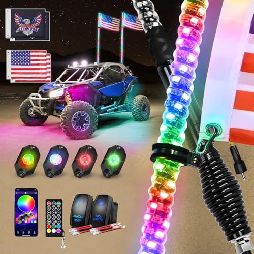 Nilight 2PCS 4FT RGB LED Whip Light with Spring Base and 4 PCS Rock Lights Combo, Remote App Control...