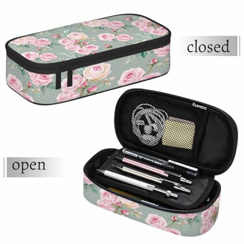 Image of Pink Blooming Flower Pencil Holder Bag Roses Peonies Bouquets Leaves Garden Pencil Case College Office School for Teens Boy Girl