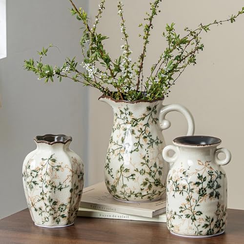 Ceramic Vases Set of 3, Green & Beige Chinoiserie Flower Pitcher Vase, Farmhouse Vintage Floral Vase Home Decor for Mantle, Fireplace, Kitchen Counter, Living Room Bookshelf Rustic Table Centerpiece
