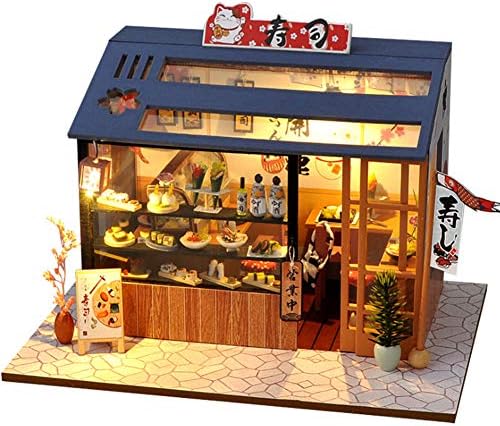 XLZSP DIY LED Lights Miniature Dollhouse Kit Street Shop Doll House Model Wooden Furniture for Valentine's Day Creative Gifts (Sushi)