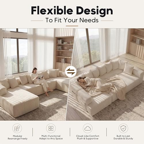 Image of Oversized Cloud Boneless Couch with Chaise, 146 inch Modern U Shape Modular Deep Seat Sectional Sofa, Comfy Corduroy Upholstered Couches for Living Room, No Assembly Required-Beige