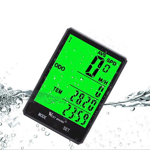 Wireless Bicycle Speedometer Waterproof Cycling Computer with LCD Green Backlight, Cycle Bike