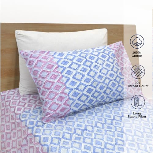 Image of TOAI Hand Block Printed Jaipuri Bedsheet | Bed Sheet Flatsheet | Pure Cotton | Single Size 60 inchx90 inch | 300 TC Bedsheets | Includes 1 Pillow Cover |Vintage Lines Checks |Blue Pink