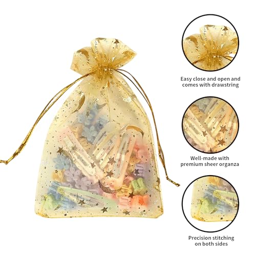 Image of YHJZ 100PCS Moon Star Organza Bags, 4x6 inches (10x15cm) Small Mesh Bags Drawstring, Jewelry Gift Pouches for Wedding, Party, Festival, Makeup Organza Favor Bags (Gold)