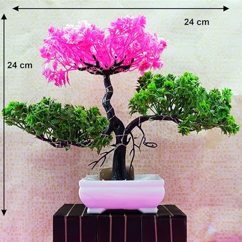 Image of Artificial LED Bonsai Tree with Lush Colorful Foliage in Elegant Plastic Pot | Artificial Plants with Pot | Fake Bonsai | Home Decor Items (Pink-Green, 24cm)
