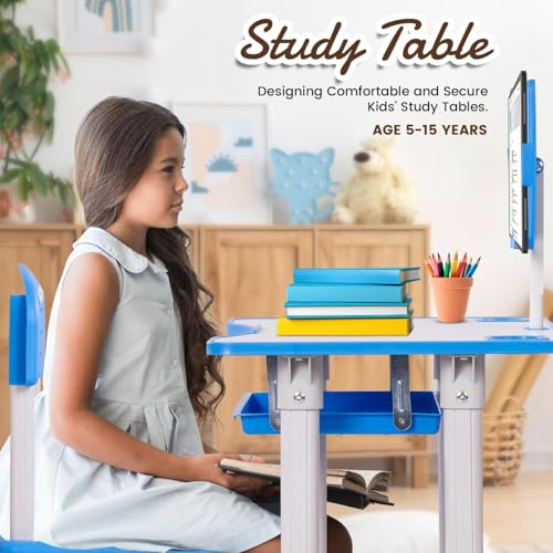 طقم طاولة و كرسي للأطفال ،مكتب أطفال متعدد الوظائف بارتفاع قابل للتعديل للقراءة والرسم والكتابة والحرف اليدوية و تناول الوجبات الخفيفة، طاولة دراسة خفيفة الوزن 95*60*40 سم، لون أزرق