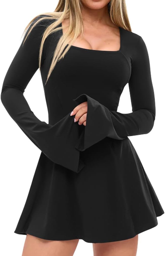 XXTAXN Women’s Sexy Flare Long Sleeve Square Neck Party Yoga Flowy Hem Mini Dress with Shorts