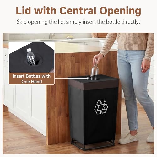 StorageWorks Recycling Bin with Lid, 29Gal Large Recycling Bin for Kitchen, Indoor Recycling Bins with 2 Reusable Washable Bags for Bottles and Cans, Steel Frame Fabric Sorter, 110L, Black