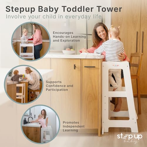 Image of Stepup Baby Toddler Standing Tower - 3 Level Adjustable Wooden Kitchen Step Stool, Bathroom Sink, Kitchen Counter, Kids 18 Months to 4 Years Gift - White