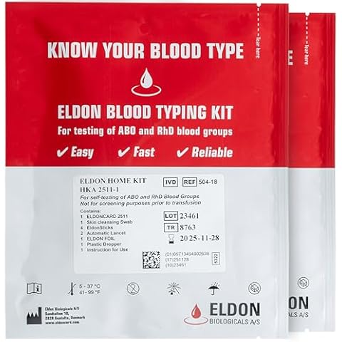 Eldoncard Blood Typing Kit, 2 Test Pack, Know Your Blood Type, Accurate Instant Home Testing, Determine A, O, B, RHS-D Negative & Positive Groups Cover