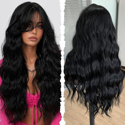 Black Synthetic Wavy Wig with Curtain Bangs, Natural Body Wave Wig for Women, 4x2" Hand-Tied Forehead Hairline Simulated Scalp Lace Wig, Glueless Synthetic Wig with Bangs, Synthetic Wig for Daily Use