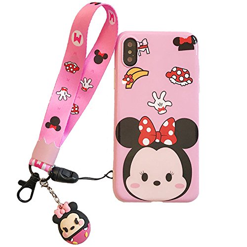 Soft TPU Pink Minnie Mouse Case with Charm Strap for iPhone X iPhoneX Wearable Smooth Ultra Slim Fit Disney Cartoon Tsum Tsum Protective Shockproof Cute Lovely Fashion Gift Girls Teens Kids Women
