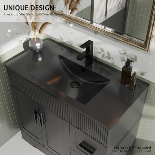 Image of eclife 36 inch Bathroom Vanities Sink Combo with Painted Surface, Modern Drawered Cabinet W /Decorative Wave Lines, Undermount Black White Sink, Matte Black Faucet Drain, Black