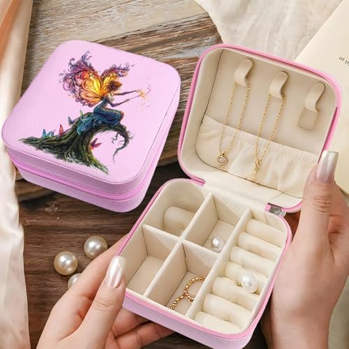 Fairy Pattern Portable Print Jewelry Box, 1pcs Pink Compact Jewelry Box Travel Jewelry Case Travel Case Organizer Bag Storage Box Jewelry Holder For Necklace Earrings Rings Bracelet Y03 — view 4