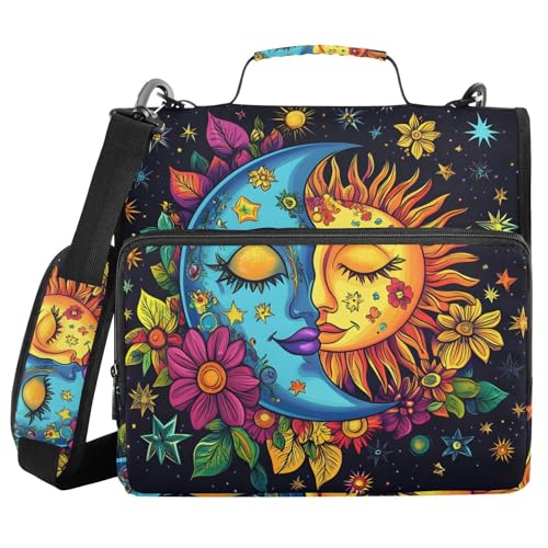 Image of 3 Ring Zipper Binder with Shoulder Strap Colorful Moon Sun Astrology 1.5 inch Binders Keeper Large Capacity Multi Pockets for School Office Supplies