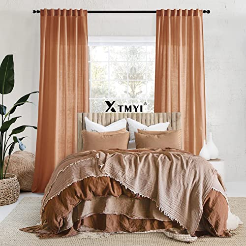 Image of XTMYI 84 Inches Long Terracotta Country Curtains for Living Room,Sheer Linen Curtains for Bedroom 70 Inches Wide