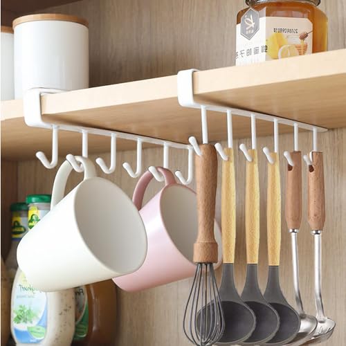 Nmgkokew 2 piezas Tazas Ganchos,Tazas Ganchos Debajo del ​Gabinete, Cocina Almacenamiento Ganchos para Tazas Utensilios de Cocina,Cinturones de Corbata,Bufanda,llaves Almacenamiento (Blanco)
