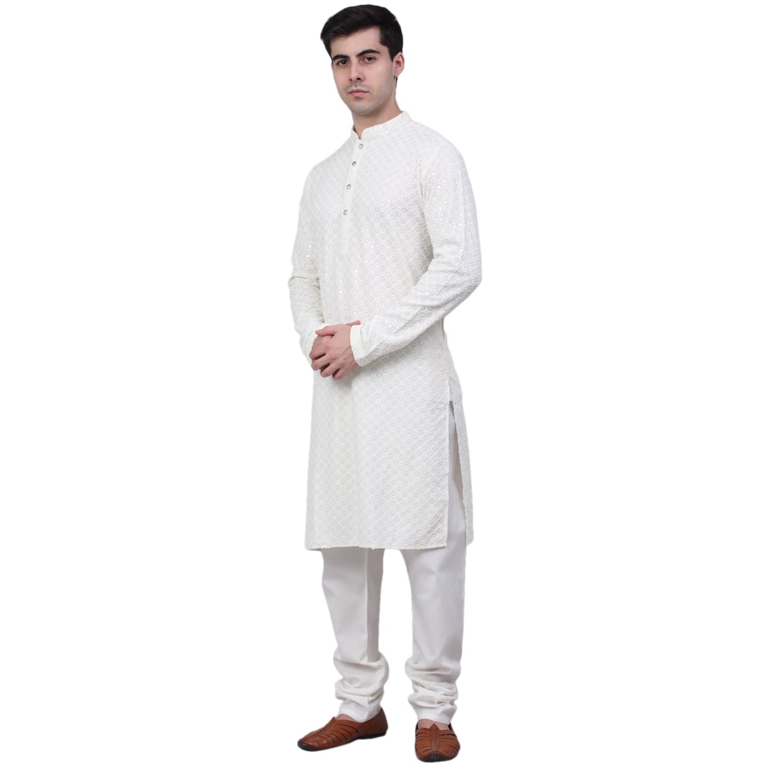 Jompers Men Chikankari Embroidered And Sequence Kurta With Churidar (White, L)
